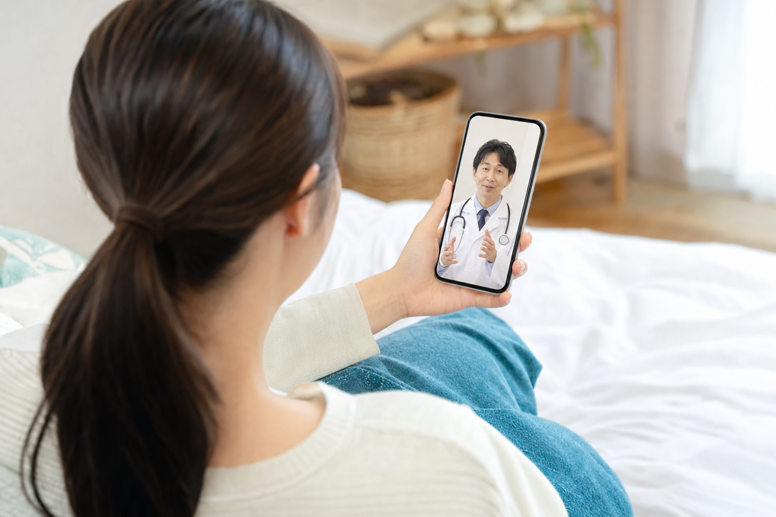 スマートフォンでオンライン診療を受ける女性